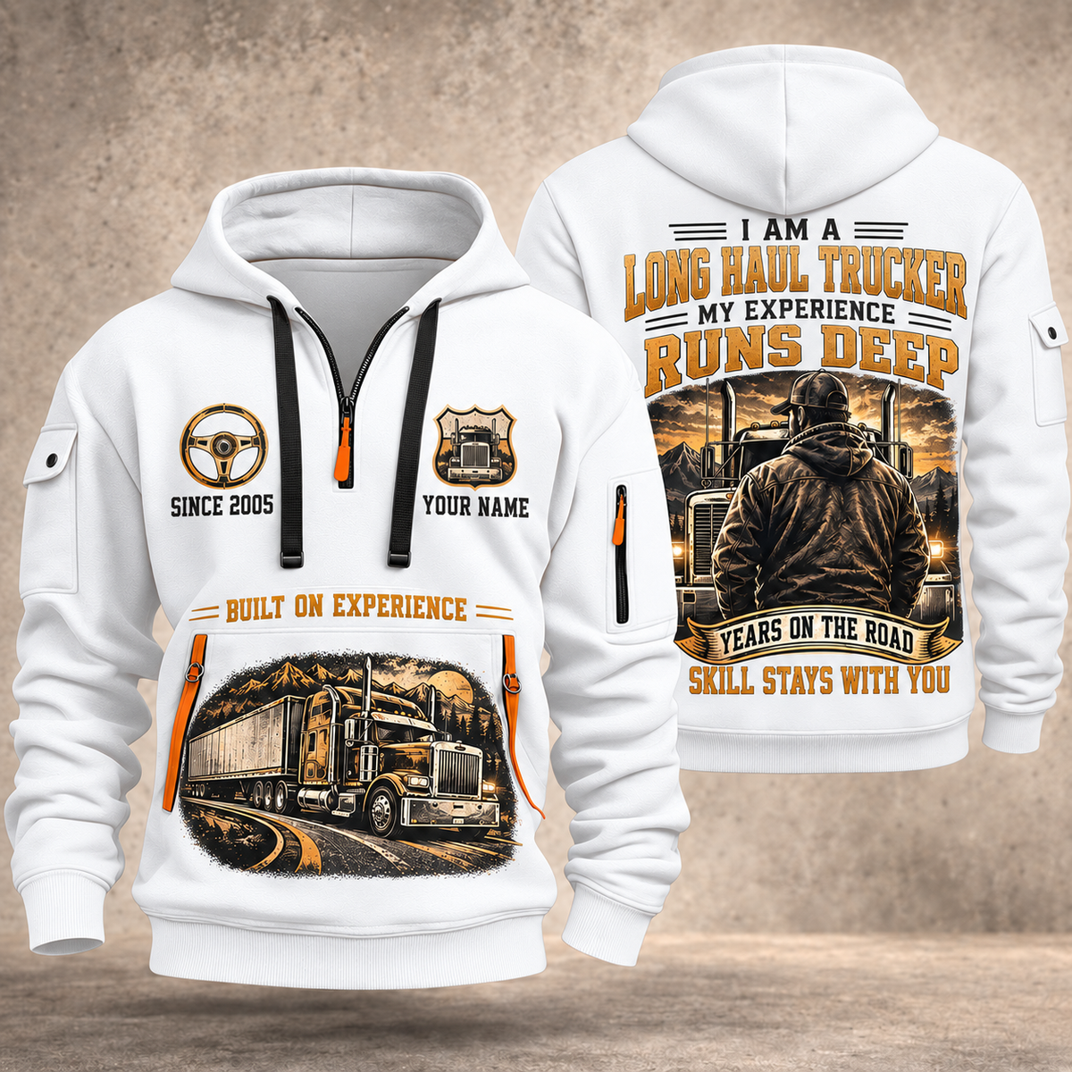 Trucker Miles of Experience quarter-zip hoodie in White, front and back, YOUR NAME and SINCE 2005 artwork