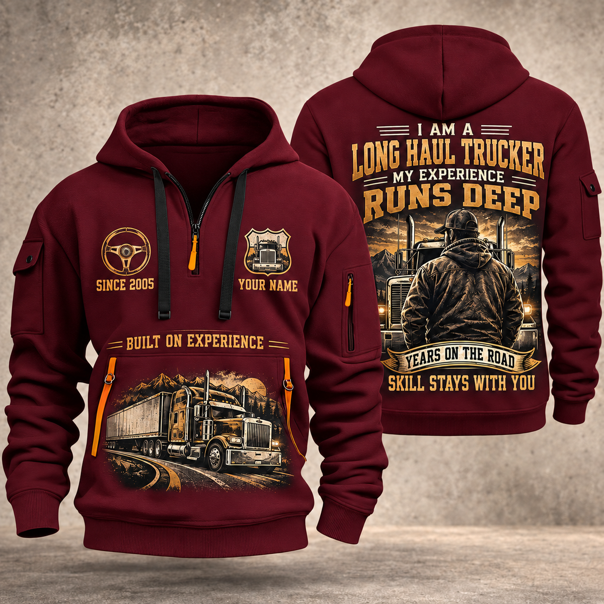 Trucker Miles of Experience quarter-zip hoodie in Wine Red, front and back, YOUR NAME and SINCE 2005 artwork