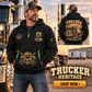 Trucker wearing Highway Heritage quarter-zip hoodie in their workplace; product introduction and shopping call to action