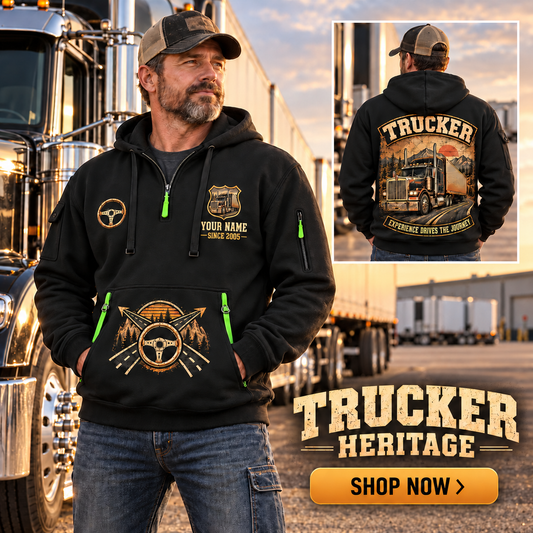 Trucker wearing Highway Heritage quarter-zip hoodie in their workplace; product introduction and shopping call to action