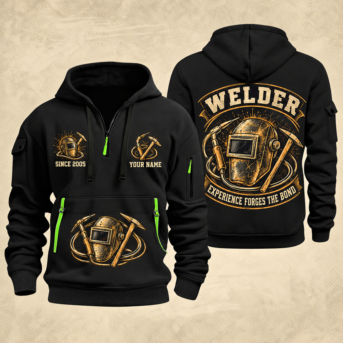 Welder Forged Bond Crest quarter-zip hoodie in Black, front and back, YOUR NAME and SINCE 2005 artwork