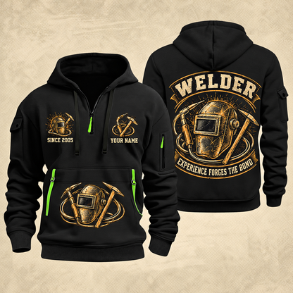 Welder Forged Bond Crest quarter-zip hoodie in Black, front and back, YOUR NAME and SINCE 2005 artwork