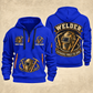 Welder Forged Bond Crest quarter-zip hoodie in Blue, front and back, YOUR NAME and SINCE 2005 artwork