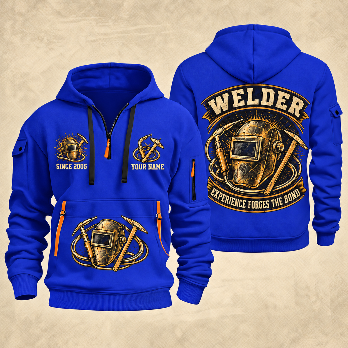 Welder Forged Bond Crest quarter-zip hoodie in Blue, front and back, YOUR NAME and SINCE 2005 artwork