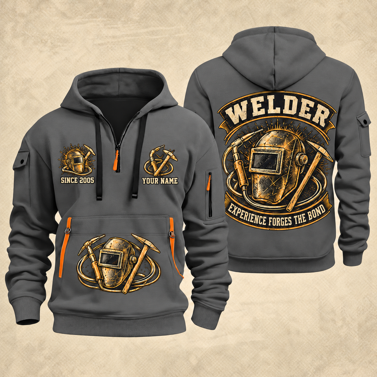 Welder Forged Bond Crest quarter-zip hoodie in Gray, front and back, YOUR NAME and SINCE 2005 artwork