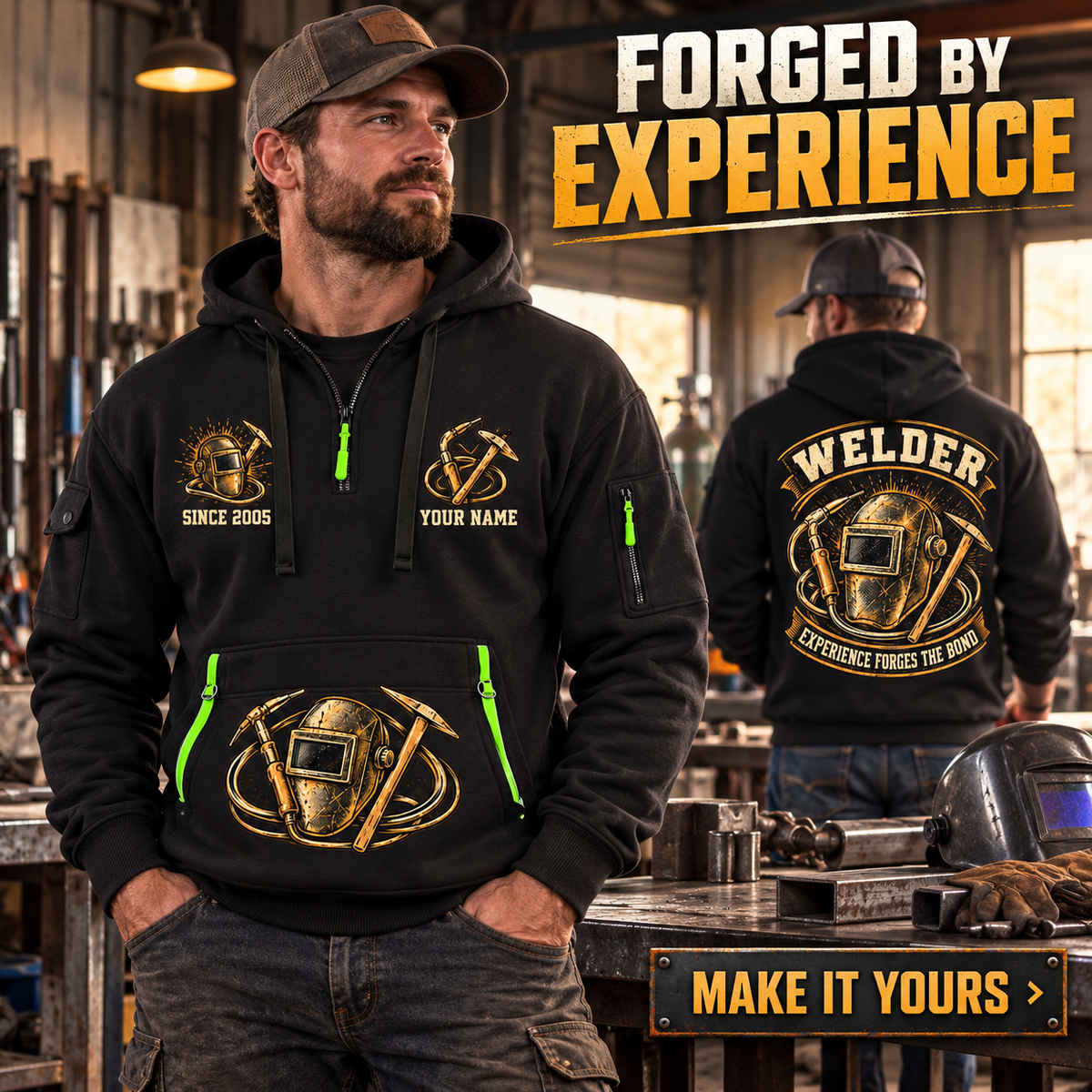 Welder wearing Forged Bond Crest quarter-zip hoodie in their workplace; product introduction and shopping call to action
