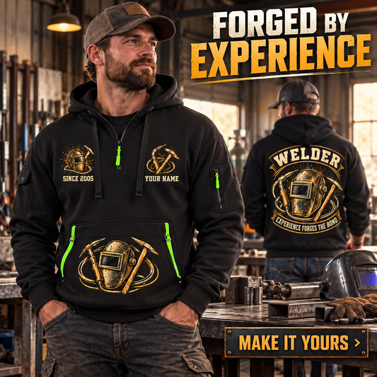 Welder wearing Forged Bond Crest quarter-zip hoodie in their workplace; product introduction and shopping call to action