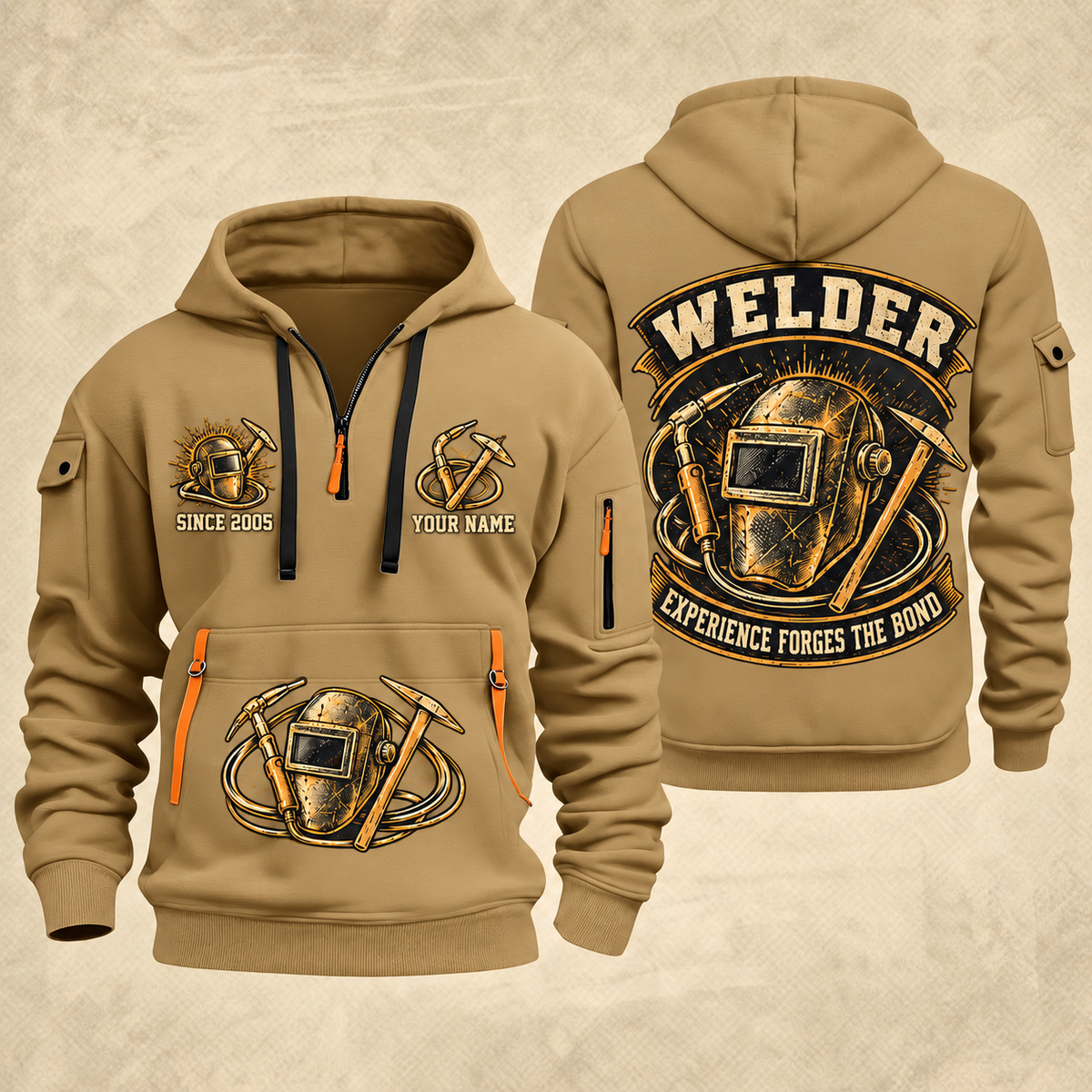Welder Forged Bond Crest quarter-zip hoodie in Khaki, front and back, YOUR NAME and SINCE 2005 artwork