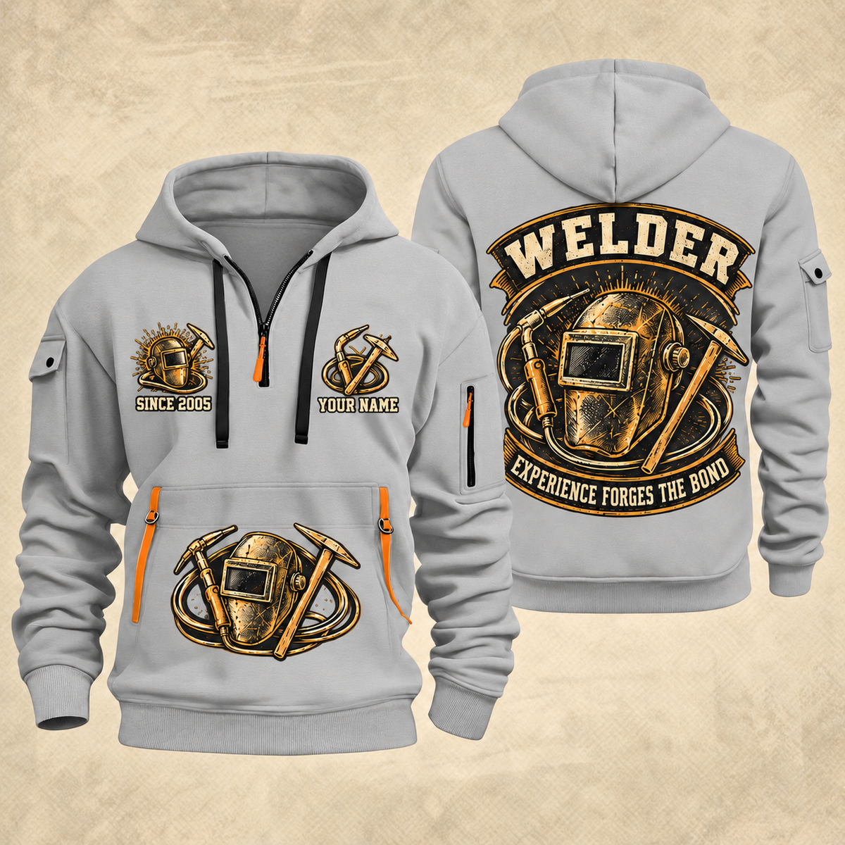 Welder Forged Bond Crest quarter-zip hoodie in Light Grey, front and back, YOUR NAME and SINCE 2005 artwork