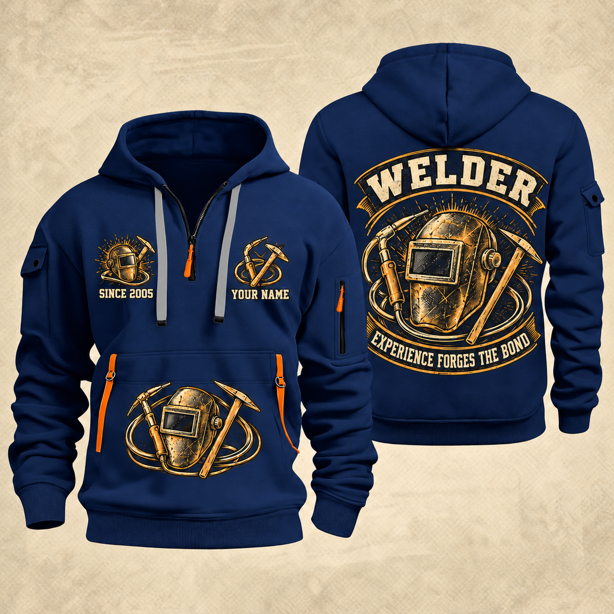 Welder Forged Bond Crest quarter-zip hoodie in Navy, front and back, YOUR NAME and SINCE 2005 artwork