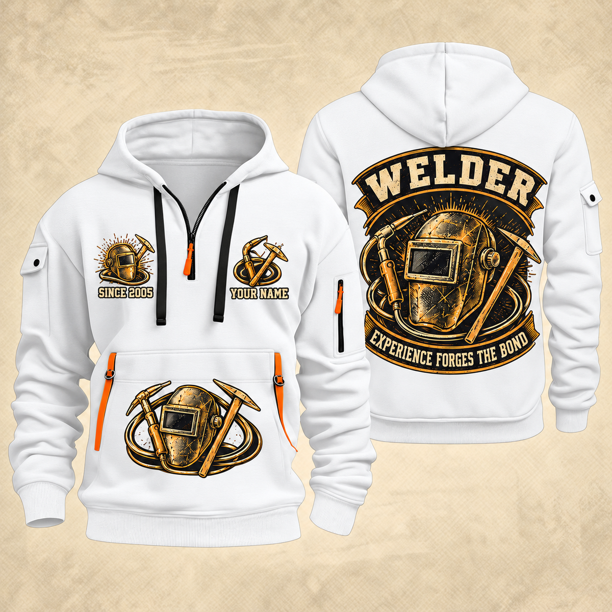 Welder Forged Bond Crest quarter-zip hoodie in White, front and back, YOUR NAME and SINCE 2005 artwork