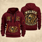 Welder Forged Bond Crest quarter-zip hoodie in Wine Red, front and back, YOUR NAME and SINCE 2005 artwork