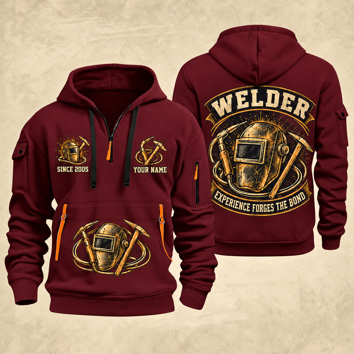 Welder Forged Bond Crest quarter-zip hoodie in Wine Red, front and back, YOUR NAME and SINCE 2005 artwork