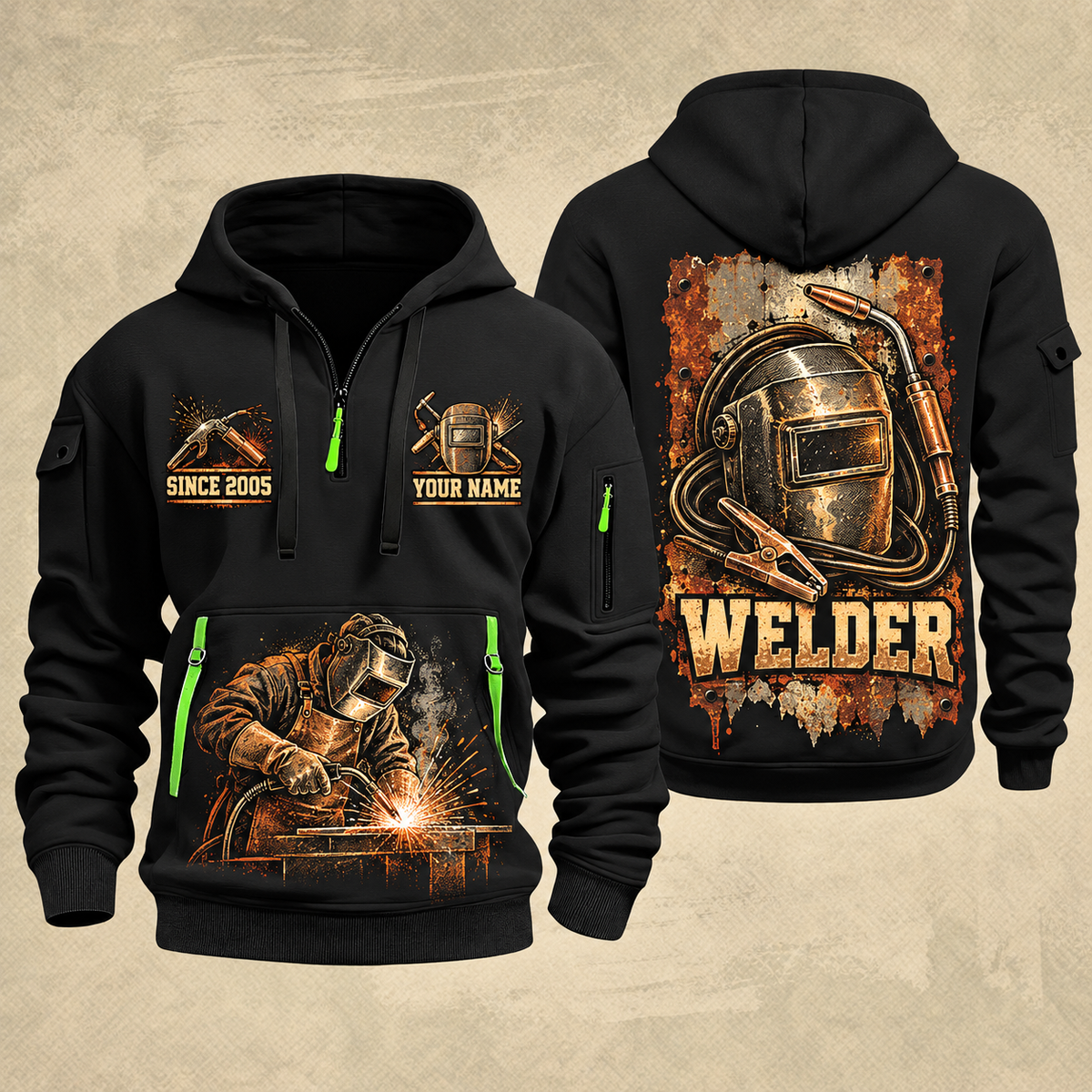 Welder Weathered Steel Emblem quarter-zip hoodie in Black, front and back, YOUR NAME and SINCE 2005 artwork