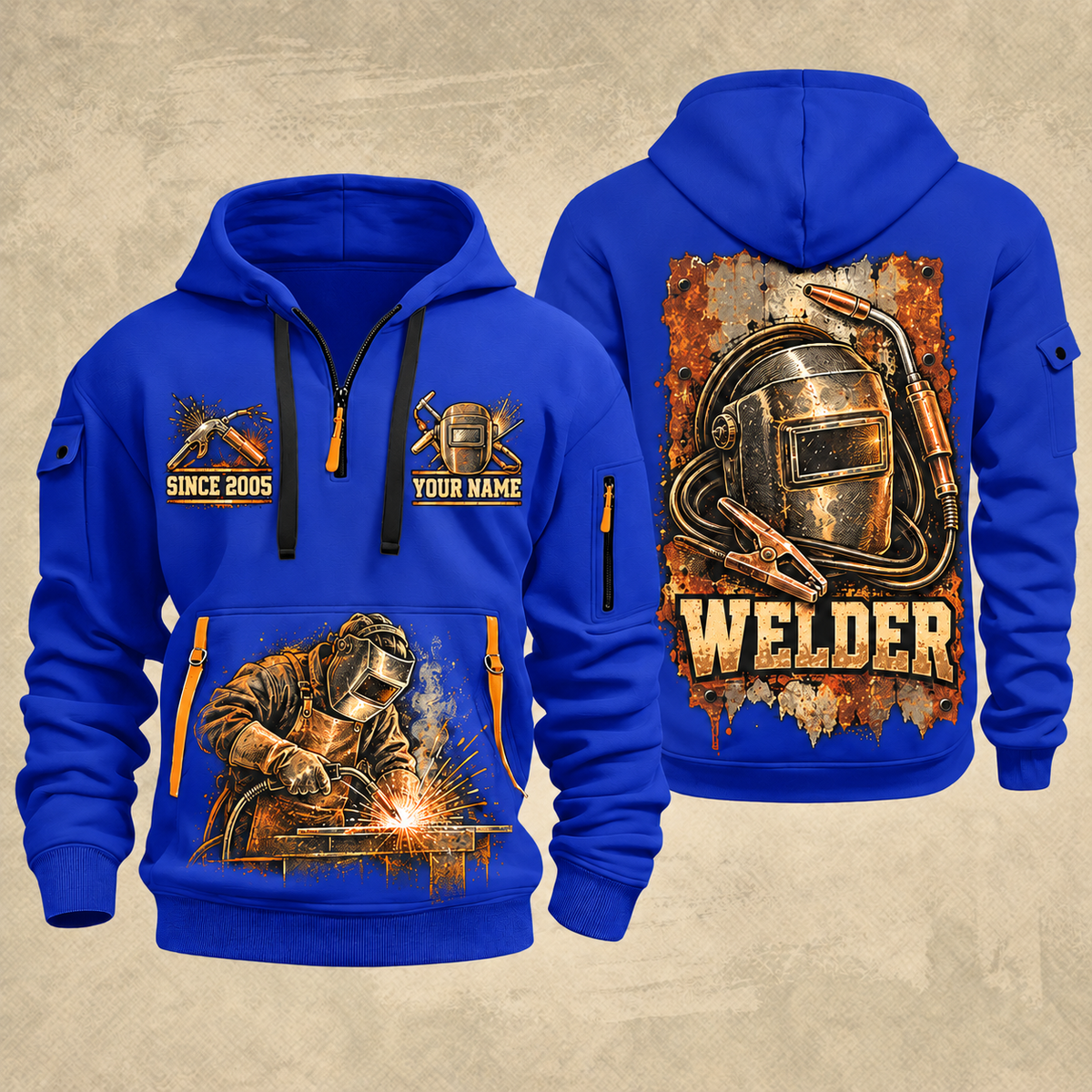 Welder Weathered Steel Emblem quarter-zip hoodie in Blue, front and back, YOUR NAME and SINCE 2005 artwork