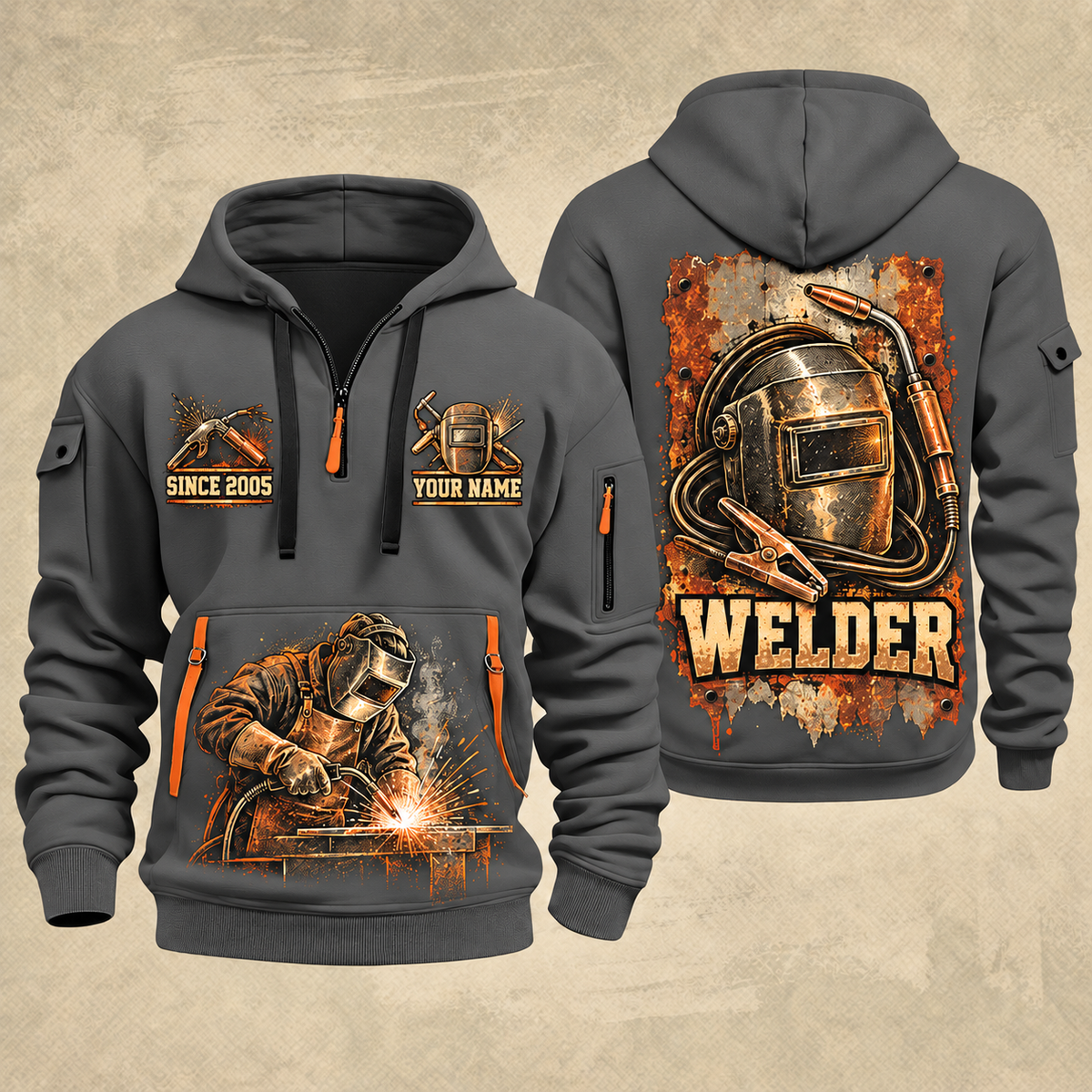 Welder Weathered Steel Emblem quarter-zip hoodie in Gray, front and back, YOUR NAME and SINCE 2005 artwork