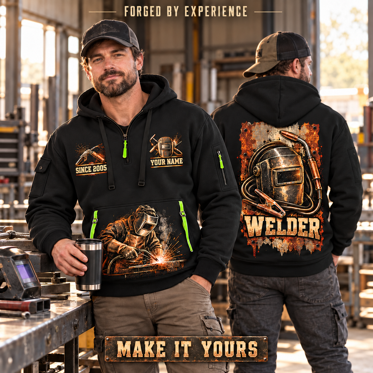 Welder wearing Weathered Steel Emblem quarter-zip hoodie in their workplace; product introduction and shopping call to action