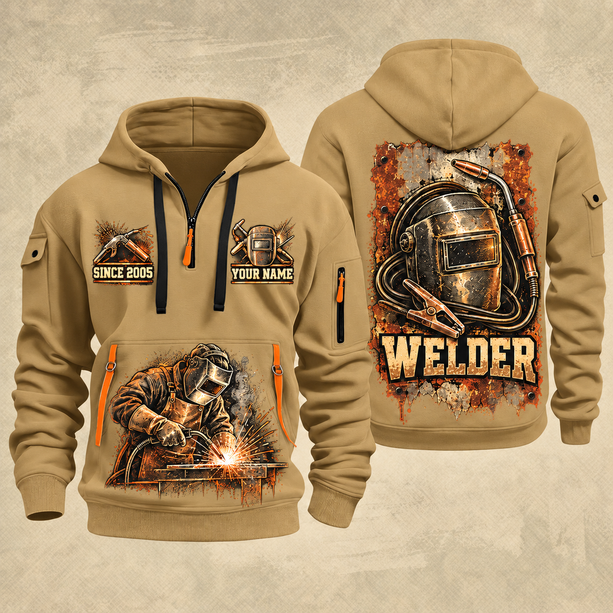 Welder Weathered Steel Emblem quarter-zip hoodie in Khaki, front and back, YOUR NAME and SINCE 2005 artwork