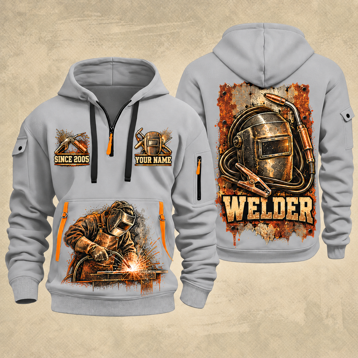 Welder Weathered Steel Emblem quarter-zip hoodie in Light Grey, front and back, YOUR NAME and SINCE 2005 artwork