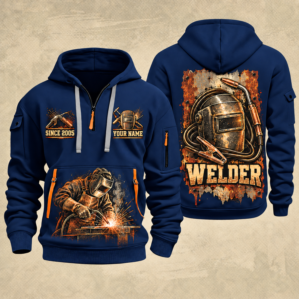 Welder Weathered Steel Emblem quarter-zip hoodie in Navy, front and back, YOUR NAME and SINCE 2005 artwork