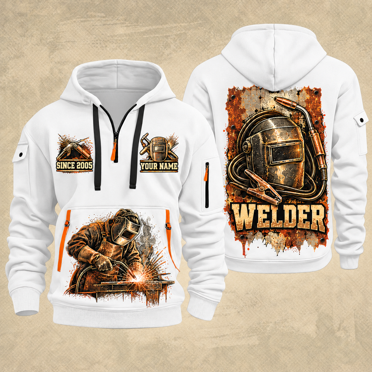 Welder Weathered Steel Emblem quarter-zip hoodie in White, front and back, YOUR NAME and SINCE 2005 artwork