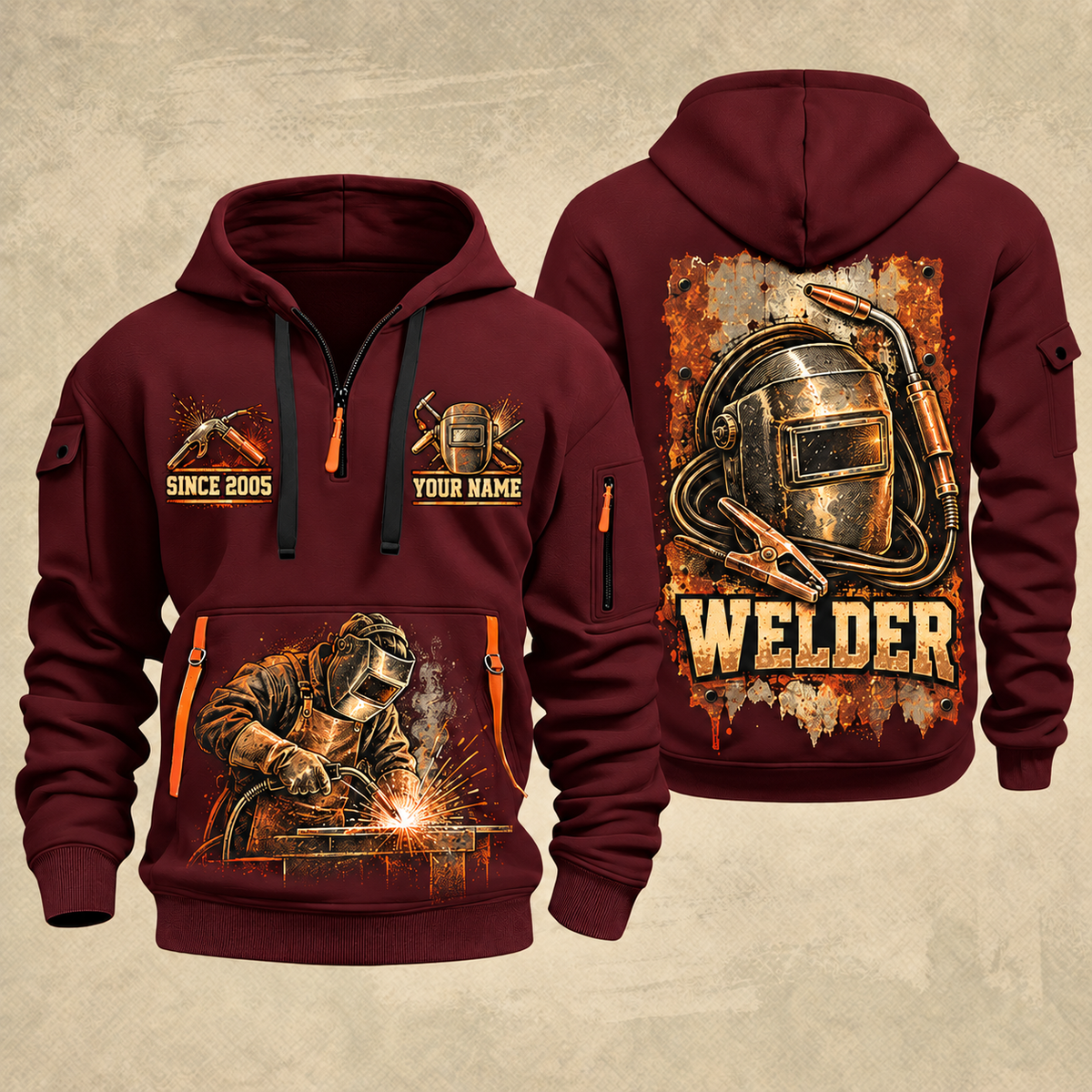 Welder Weathered Steel Emblem quarter-zip hoodie in Wine Red, front and back, YOUR NAME and SINCE 2005 artwork