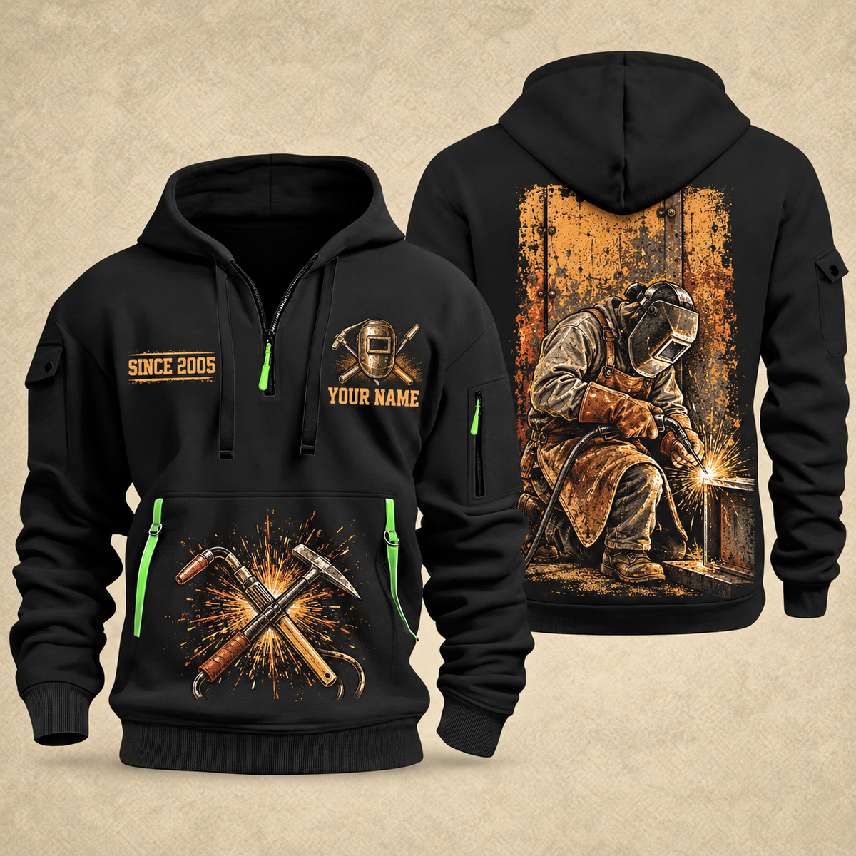 Welder At the Bench Portrait quarter-zip hoodie in Black, front and back, YOUR NAME and SINCE 2005 artwork