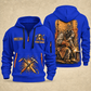 Welder At the Bench Portrait quarter-zip hoodie in Blue, front and back, YOUR NAME and SINCE 2005 artwork