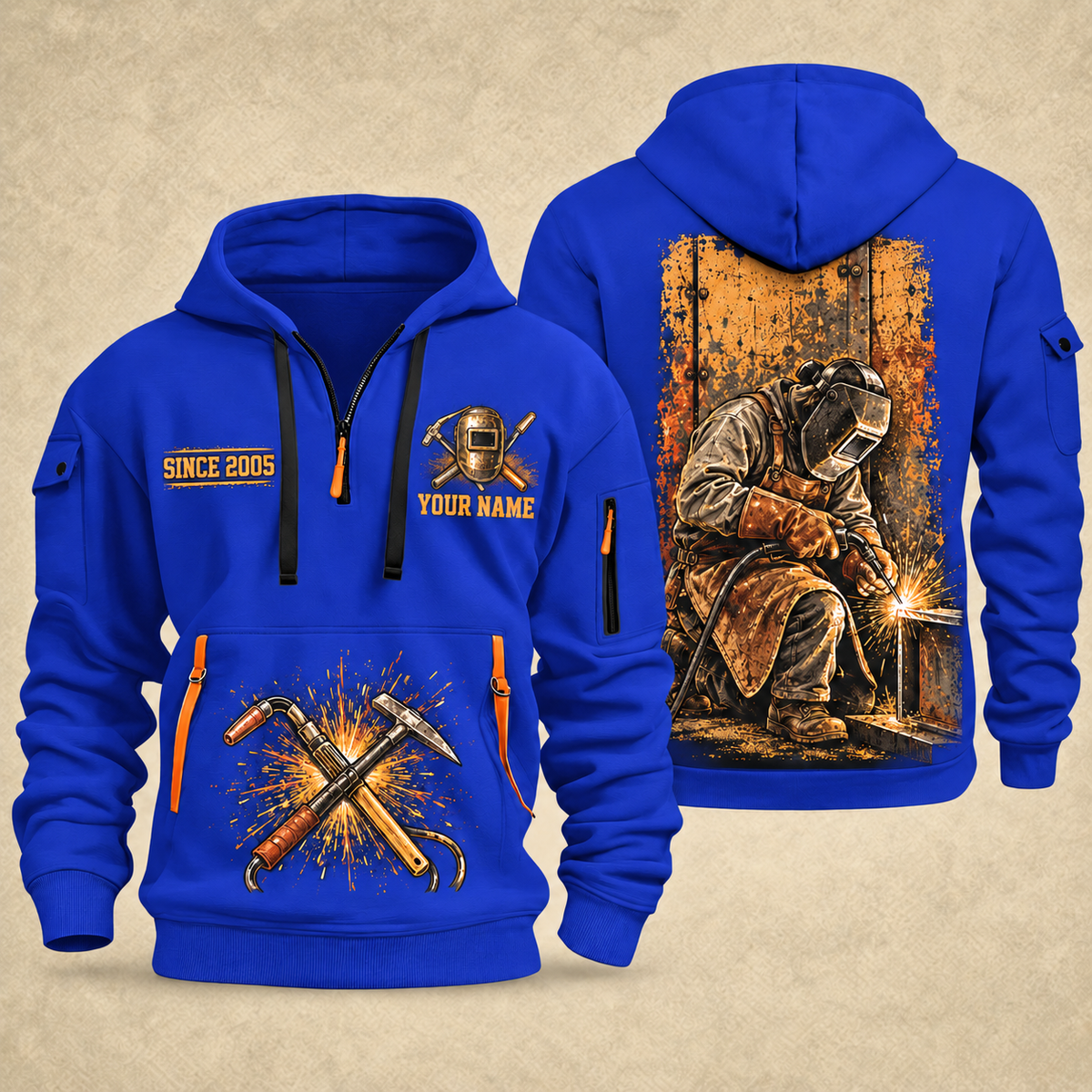 Welder At the Bench Portrait quarter-zip hoodie in Blue, front and back, YOUR NAME and SINCE 2005 artwork