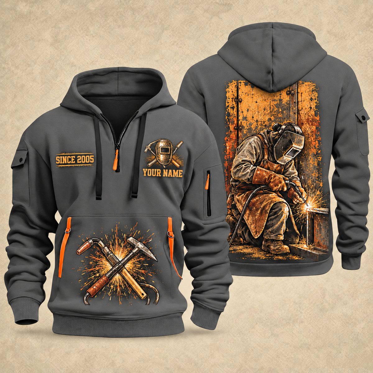 Welder At the Bench Portrait quarter-zip hoodie in Gray, front and back, YOUR NAME and SINCE 2005 artwork