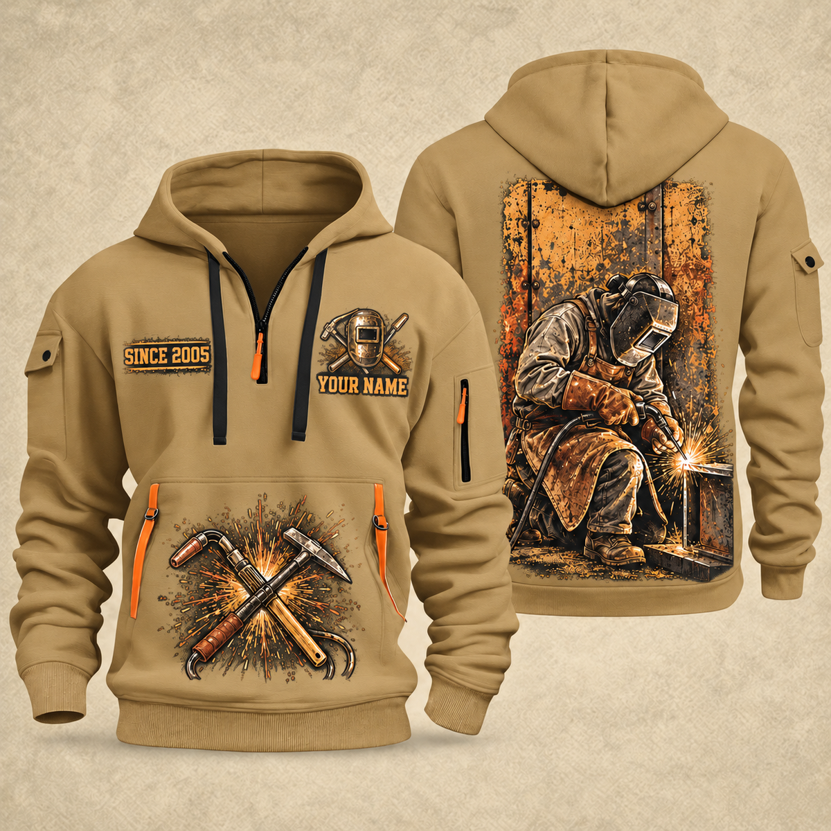 Welder At the Bench Portrait quarter-zip hoodie in Khaki, front and back, YOUR NAME and SINCE 2005 artwork