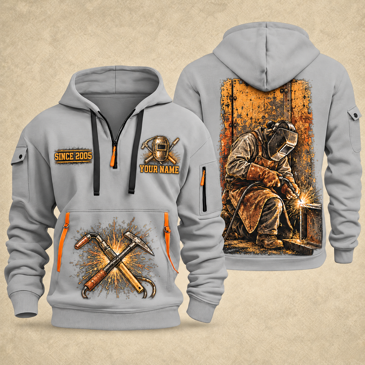 Welder At the Bench Portrait quarter-zip hoodie in Light Grey, front and back, YOUR NAME and SINCE 2005 artwork