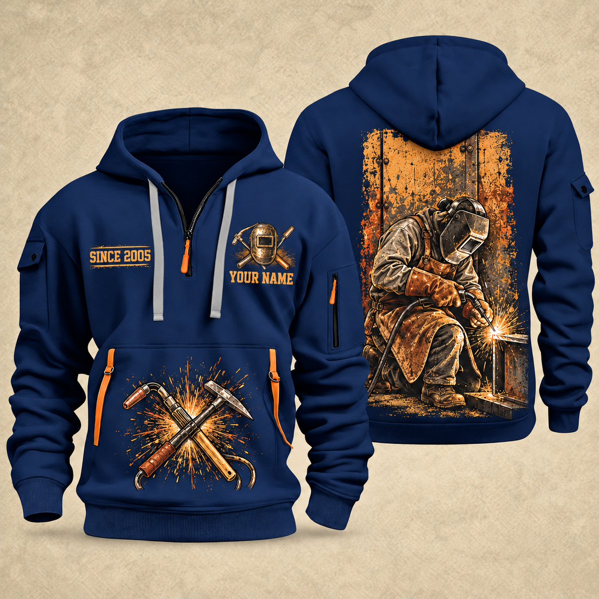 Welder At the Bench Portrait quarter-zip hoodie in Navy, front and back, YOUR NAME and SINCE 2005 artwork