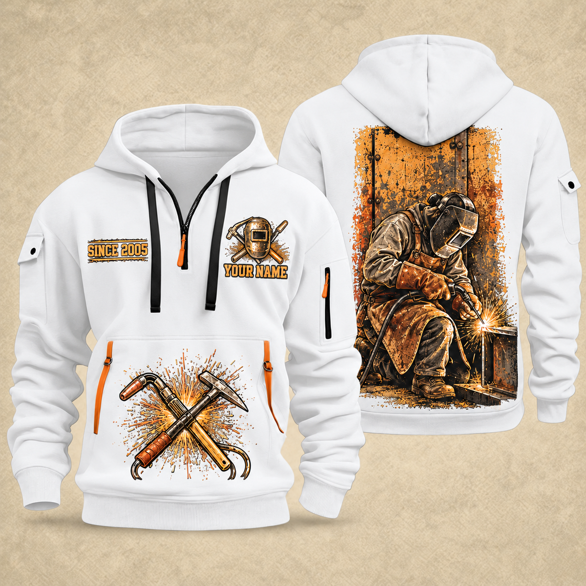 Welder At the Bench Portrait quarter-zip hoodie in White, front and back, YOUR NAME and SINCE 2005 artwork