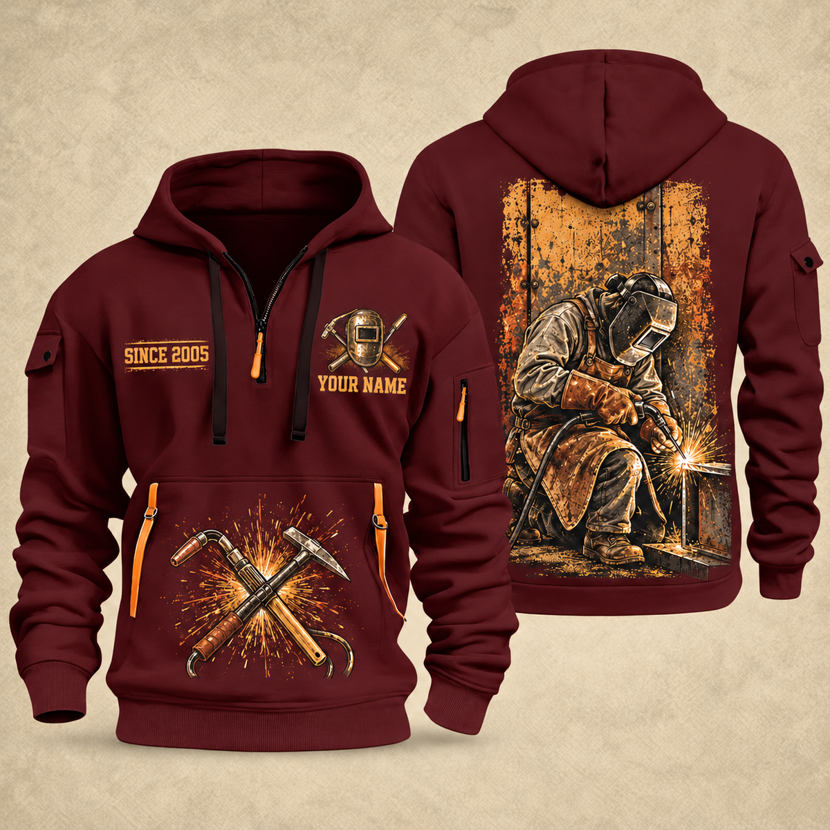Welder At the Bench Portrait quarter-zip hoodie in Wine Red, front and back, YOUR NAME and SINCE 2005 artwork