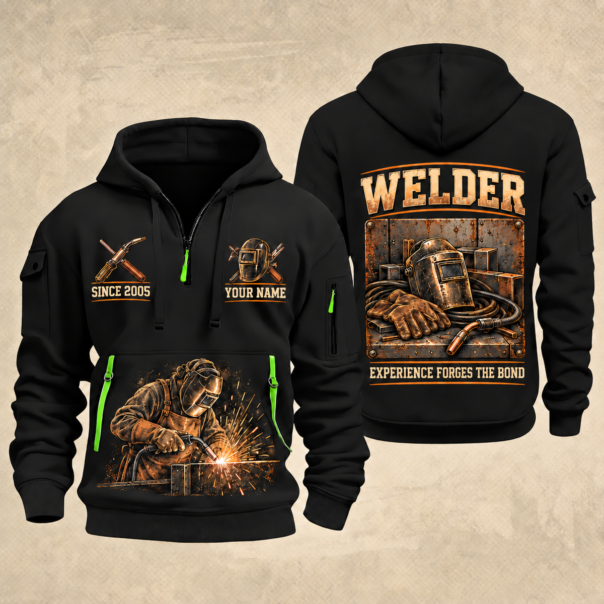 Welder Workshop Essentials quarter-zip hoodie in Black, front and back, YOUR NAME and SINCE 2005 artwork