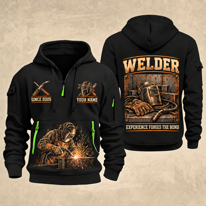 Welder Workshop Essentials quarter-zip hoodie in Black, front and back, YOUR NAME and SINCE 2005 artwork