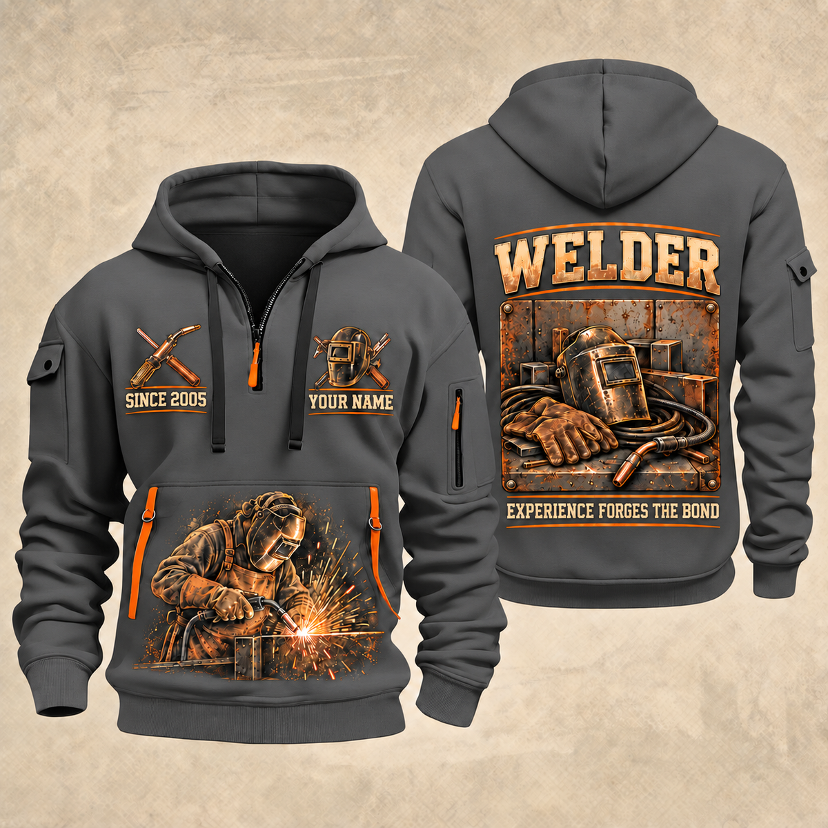 Welder Workshop Essentials quarter-zip hoodie in Gray, front and back, YOUR NAME and SINCE 2005 artwork