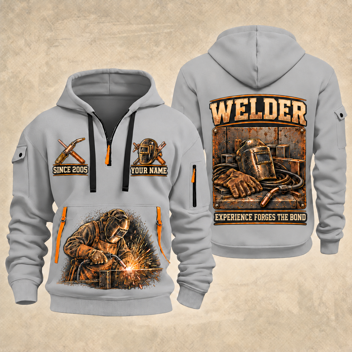 Welder Workshop Essentials quarter-zip hoodie in Light Grey, front and back, YOUR NAME and SINCE 2005 artwork