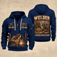 Welder Workshop Essentials quarter-zip hoodie in Navy, front and back, YOUR NAME and SINCE 2005 artwork