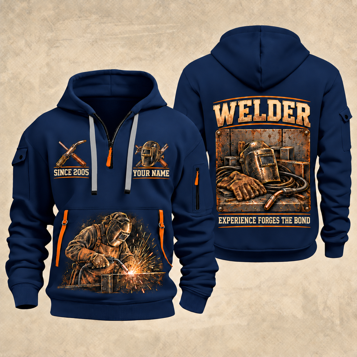 Welder Workshop Essentials quarter-zip hoodie in Navy, front and back, YOUR NAME and SINCE 2005 artwork