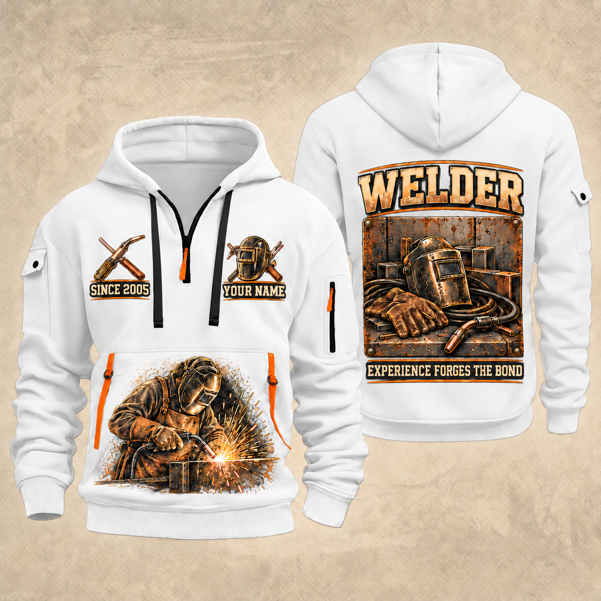 Welder Workshop Essentials quarter-zip hoodie in White, front and back, YOUR NAME and SINCE 2005 artwork