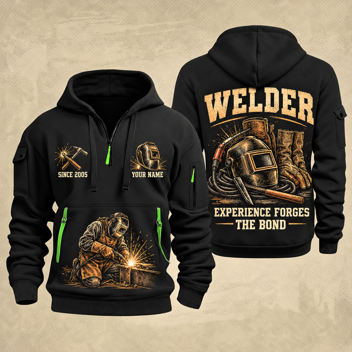 Welder Tools of the Trade quarter-zip hoodie in Black, front and back, YOUR NAME and SINCE 2005 artwork