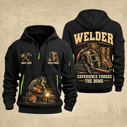 Welder Tools of the Trade quarter-zip hoodie in Black, front and back, YOUR NAME and SINCE 2005 artwork