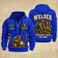 Welder Tools of the Trade quarter-zip hoodie in Blue, front and back, YOUR NAME and SINCE 2005 artwork