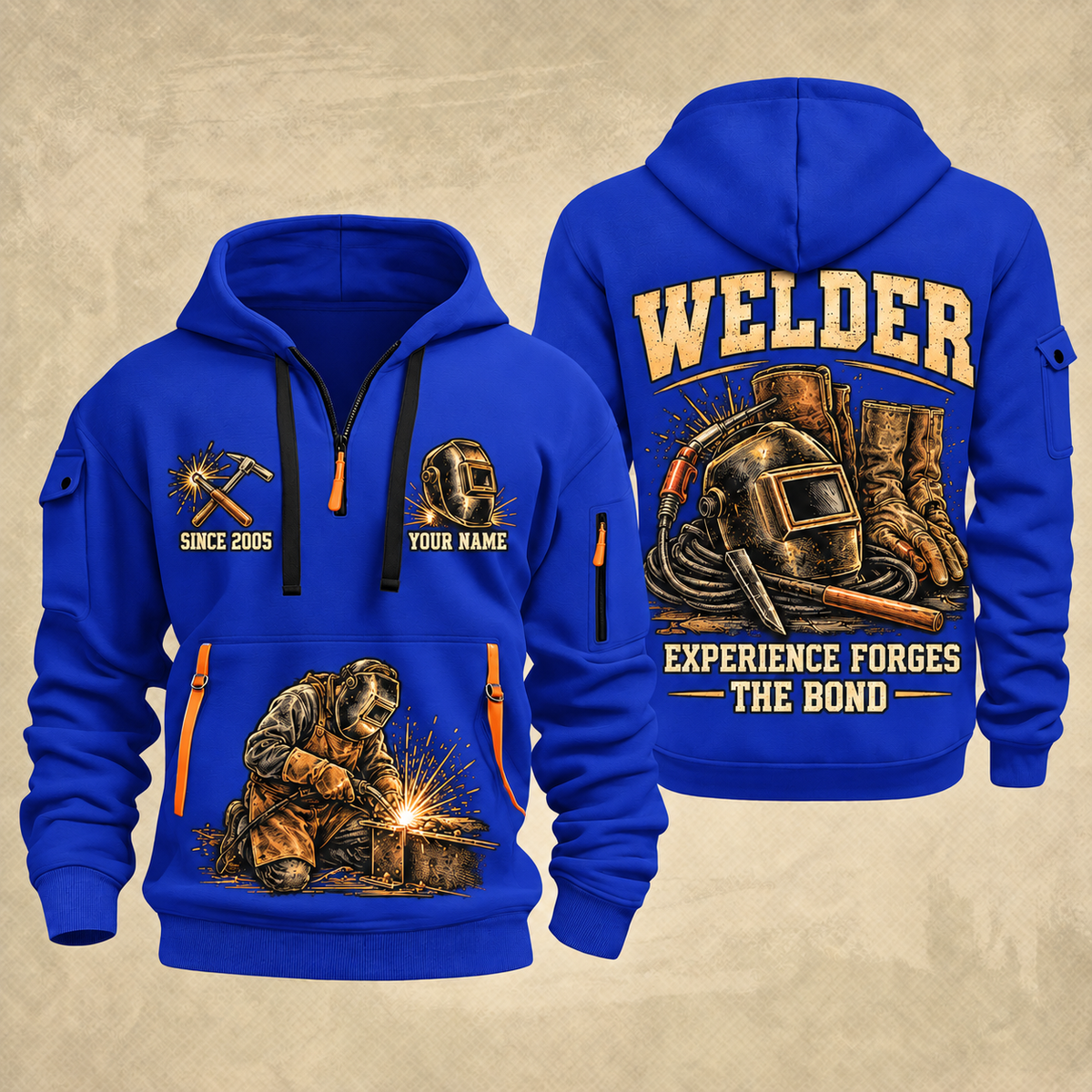 Welder Tools of the Trade quarter-zip hoodie in Blue, front and back, YOUR NAME and SINCE 2005 artwork