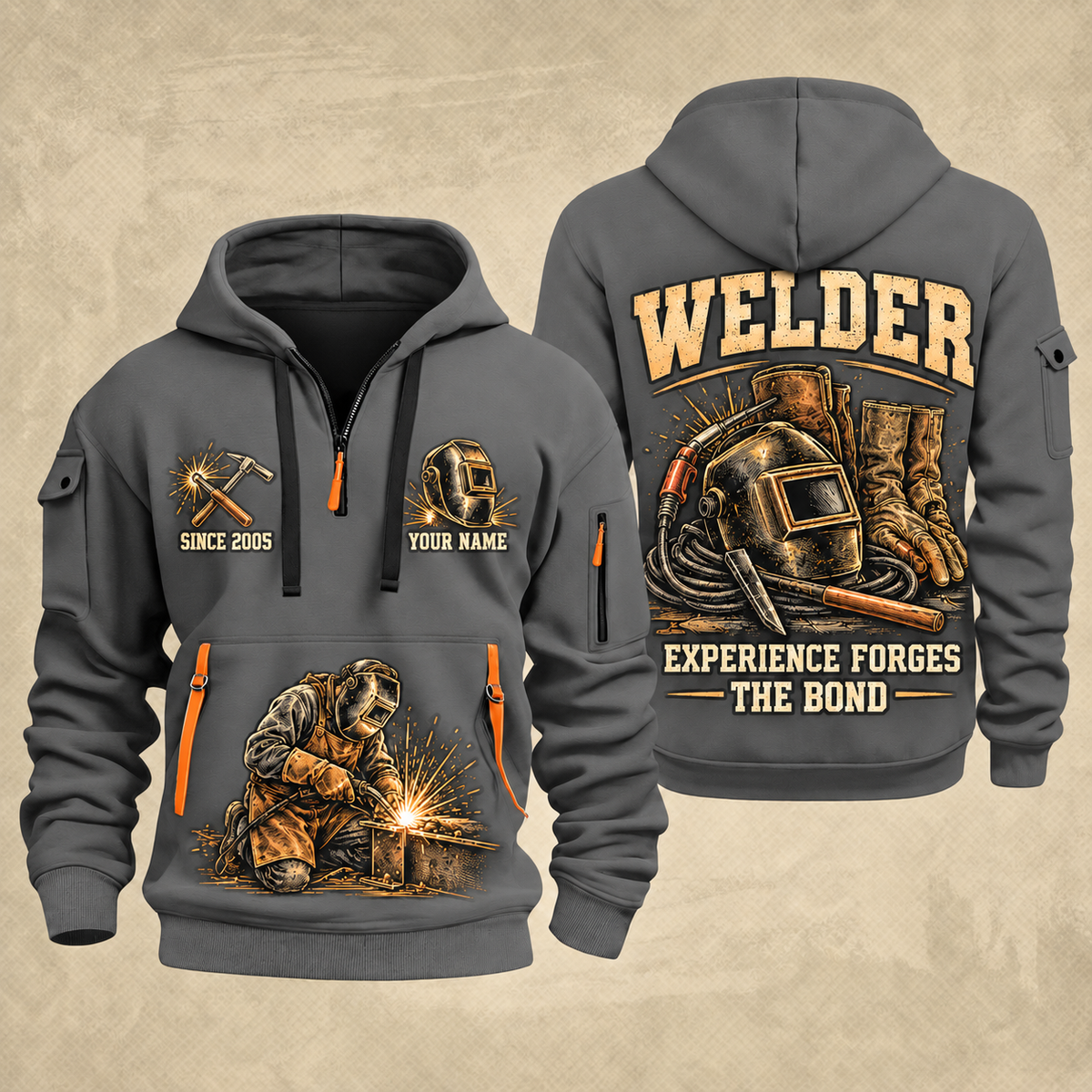 Welder Tools of the Trade quarter-zip hoodie in Gray, front and back, YOUR NAME and SINCE 2005 artwork