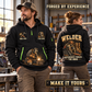 Welder wearing Tools of the Trade quarter-zip hoodie in their workplace; product introduction and shopping call to action