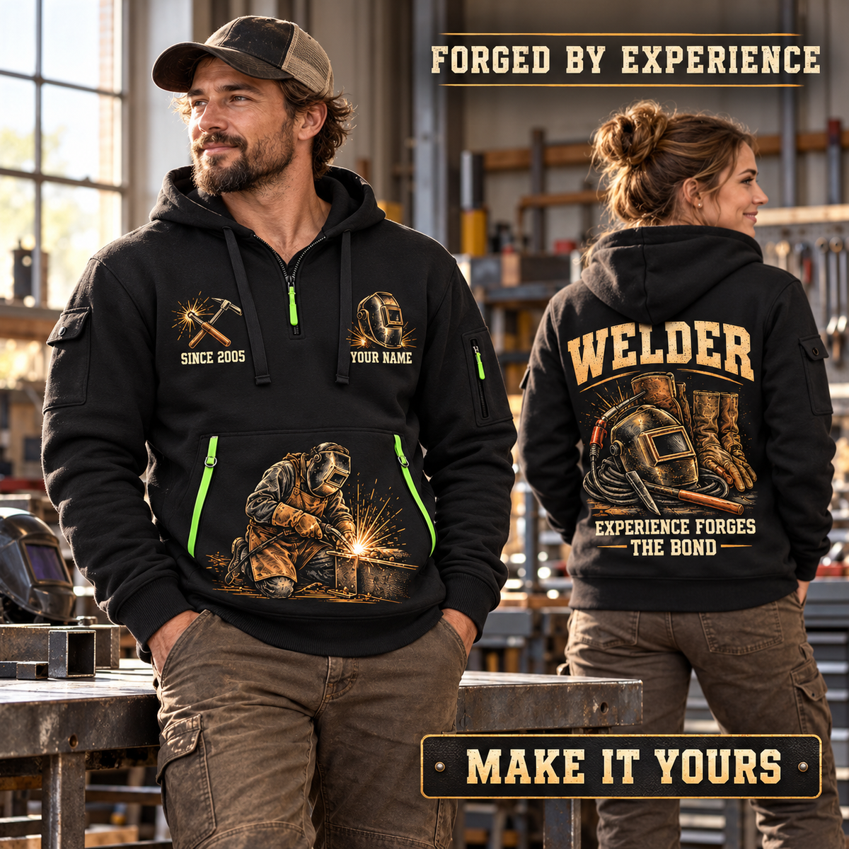 Welder wearing Tools of the Trade quarter-zip hoodie in their workplace; product introduction and shopping call to action