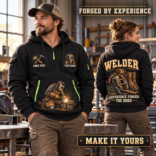 Welder wearing Tools of the Trade quarter-zip hoodie in their workplace; product introduction and shopping call to action